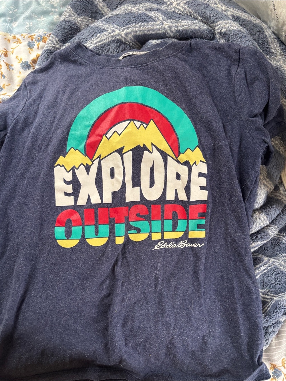 Eddie Bauer Navy Long Sleeve Tee with Colorful 'Explore Outside' Graphic